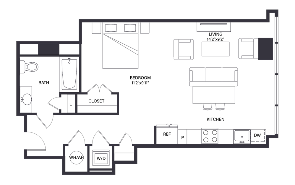 Beacon - Studio floorplan layout with 1 bath and 685 to 687 square feet. (Floor Plan)