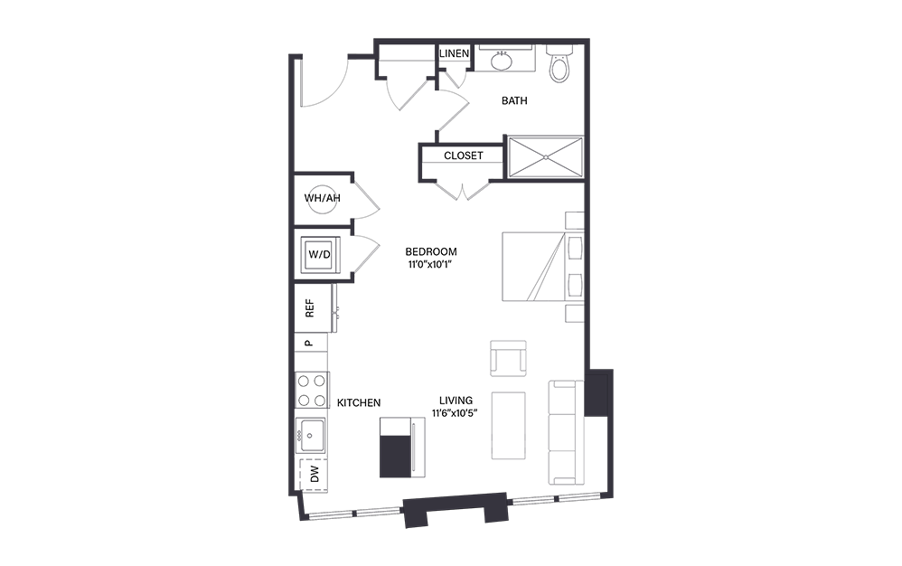 Liston - Studio floorplan layout with 1 bath and 623 square feet.
