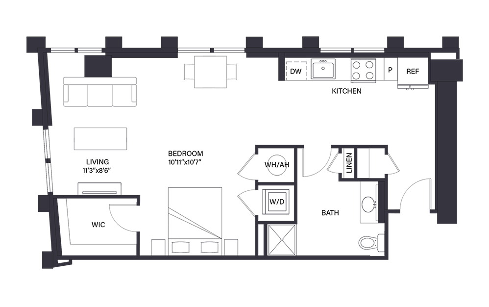 Watts - Studio floorplan layout with 1 bath and 753 square feet.