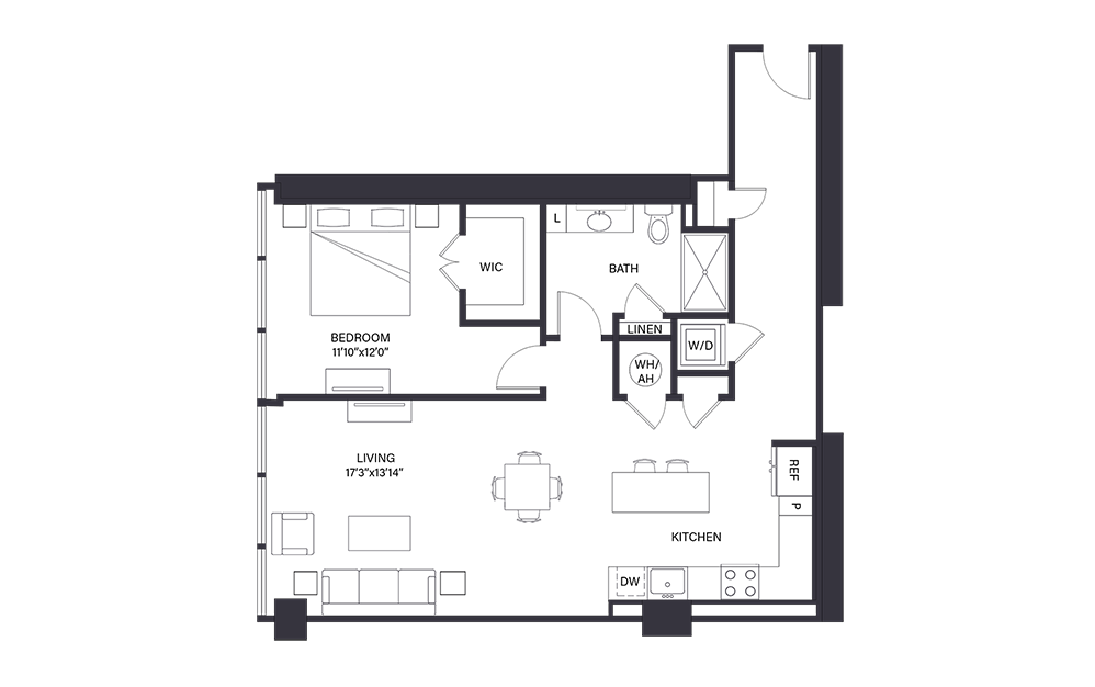 Bodie - 1 bedroom floorplan layout with 1 bath and 990 square feet. (Floor Plan)