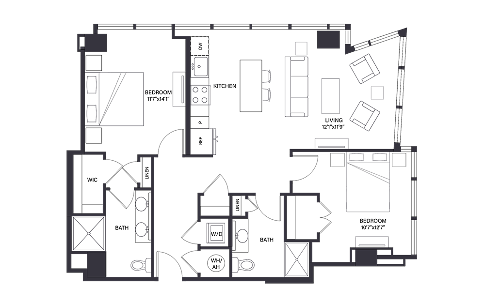 Sullivan - 2 bedroom floorplan layout with 2 baths and 1104 square feet.